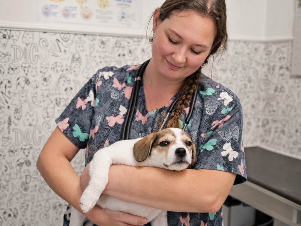 Pes v náruční veterináře